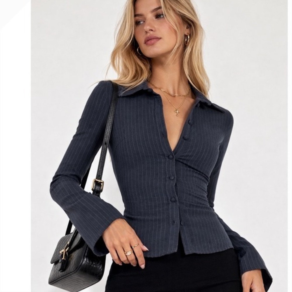 Princess Polly Anni Pinstripe Textured Button Up Long Sleeve Top Charcoal Grey 4